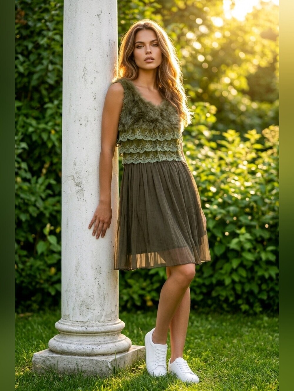 Y2K Elegant Green Lace and Fur Dress